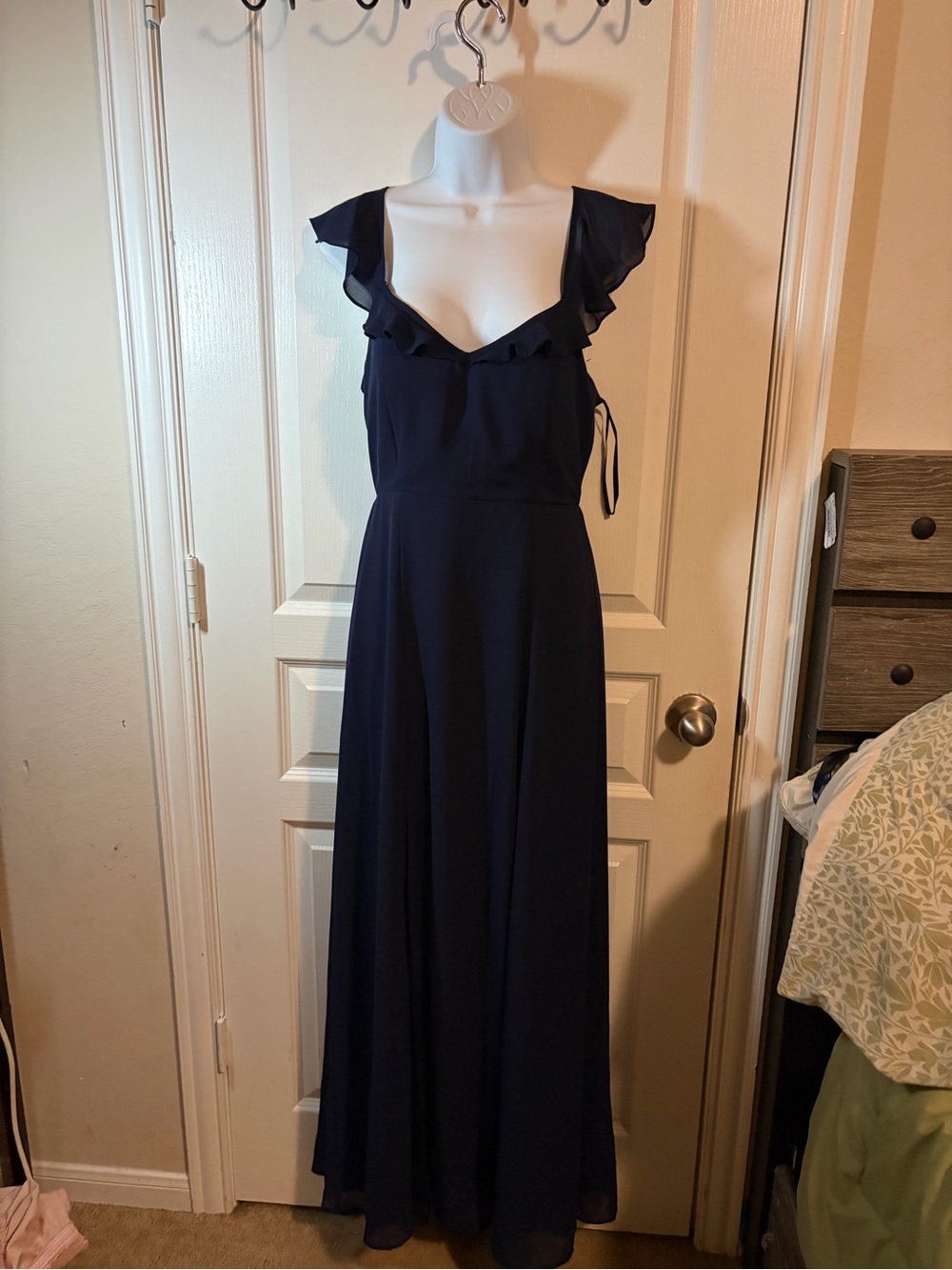 BHLDN Navy Ruffle V-Neck Maxi Dress